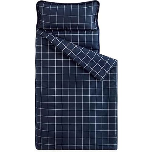 Wake In Cloud - Toddler Nap Mat with Pillow and Blanket, for Kids Boys Girls in Kindergarten Daycare Preschool Pre K, Roll Up Sleeping Bag, Gingham Plaid Grid Checkered, Navy White, Standard