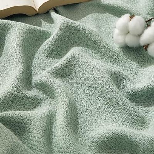 Bedsure GentleSoft 100% Cotton Blanket Queen Size for Bed - Breathable and Lightweight, Soft Cozy Textured Herringbone Woven Blanket for Summer, Sage Green, 90x90 inches