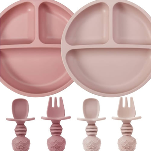 Amazon.com: PandaEar 2 Pack Toddler Divided Suction Plates with 2 Spoons 2 Forks for Babies | Silicone Baby Led Weaning Supplies Self Feeding Eating Utensils | BPA-Free Silicone Baby Feeding Set -Pink : Baby