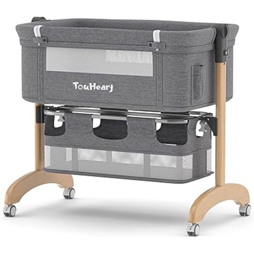 Baby Bassinet, Bedside Bassinet for Baby, 3 in 1 Adjustable Height Bedside Sleeper with Wheels, Breathable Mesh, Easy Folding Portable Crib, Rocking Mode & Storage Basket for Newborn Infants