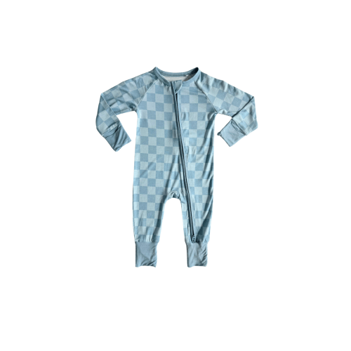 Blue Checkered Zipper Romper Jammers x Karrie Locher