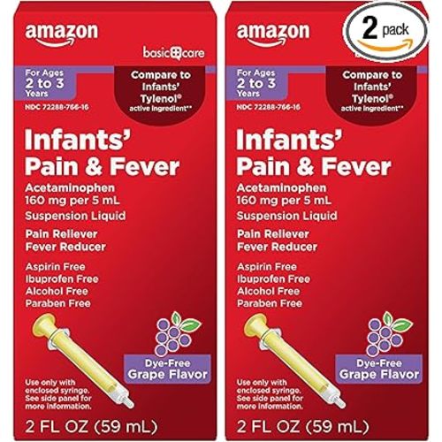 Amazon Basic Care Infants' Pain & Fever,Acetaminophen 160 mg per 5 mL,Suspension Liquid,Dye-Free Grape Flavor,2 fl oz,(Pack of 2)