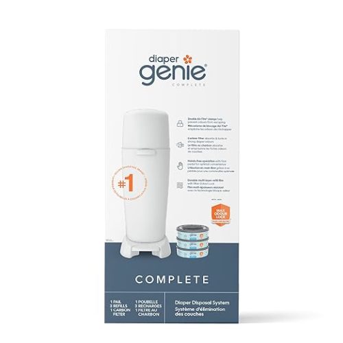 Diaper Genie Complete Diaper Pail (White) with Odor Control | Includes 1 Diaper Trash Can, 3 Refill Bags, 1 Carbon Filter