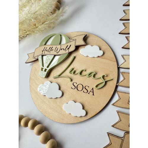 Baby Announcement and Milestones Sign | Hot Air Balloon Name Reveal Sign | Custom Wood Hospital Sign | Wood Photo Prop | Newborn Name Plaque