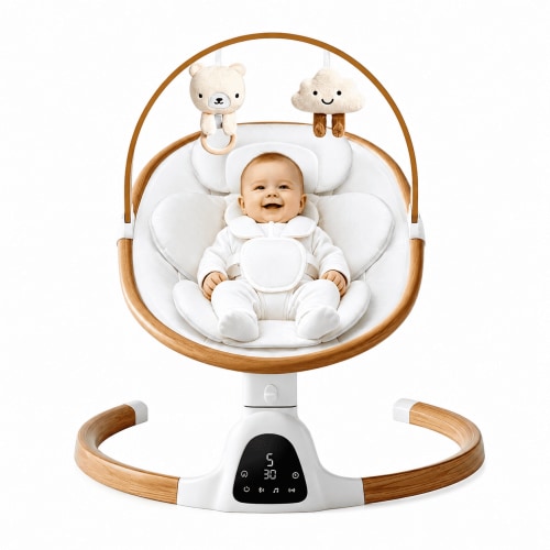 PRVAETU Baby Swing for Infants,5 Speeds,10 Lullabies,5-Point Harness,Electric Rocking Chair for Toddlers with Bluetooth,Remote Control,Touch Panel,White