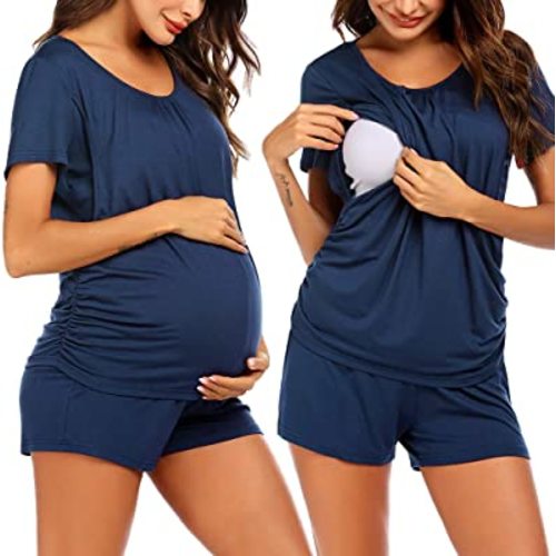 Ekouaer Women's Maternity Nursing Pajama Set Breastfeeding Sleepwear Set Double Layer Short Sleeve Top & Pants Pregnancy PJS