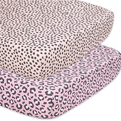 The Peanutshell Fitted Crib Sheet Set for Baby Girls, 2 Pack in Animal Print
