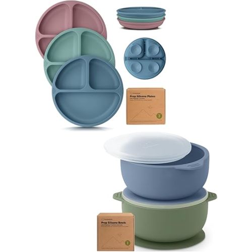 KeaBabies Suction Plates for Baby, Toddler and 2-Pack Baby Bowls with Suctions, Lids - 3-Pack 100% Silicone Divided Baby Plates with Suction, BPA Free Toddler Plates - Silicone Suction Bowls