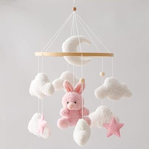 EERKEOD Baby Crib Mobile Bunny Nursery Mobile for Boys Girls Teddy Velvet Mobile Nursery Decor for Infant Bedroom Hanging Baby Mobile for Bassinet Newborn Baby Gift(Pink Bunny)