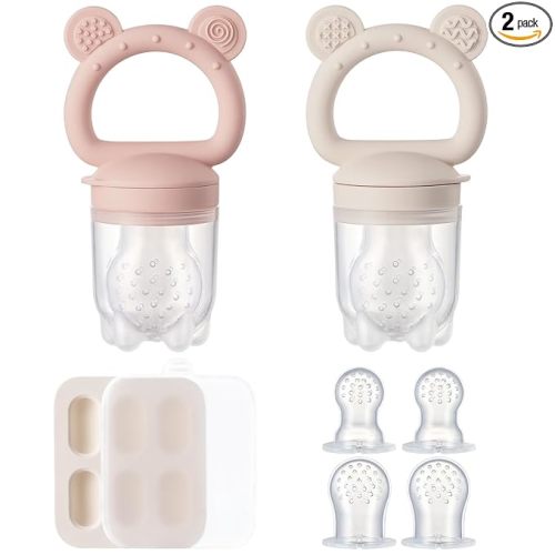 2 Pack Silicone Baby Fruit Feeder with Mini Freezer Tray, Breastmilk Popsicle Molds for Baby Teething Relief, Fresh Food Feeder for Safe Infant Self Feeding, Extra Food Pouches - Pink