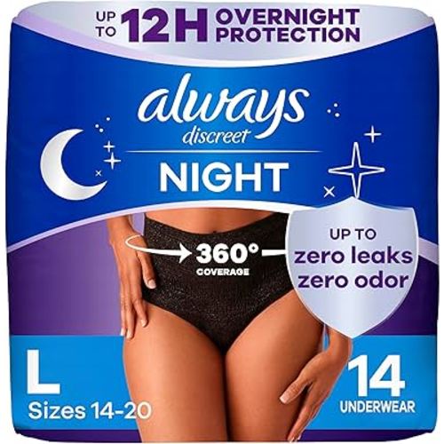 Always Discreet Adult Incontinence Overnight Underwear for Women, Large, Up to 100% Bladder Leak Protection, 14 Count