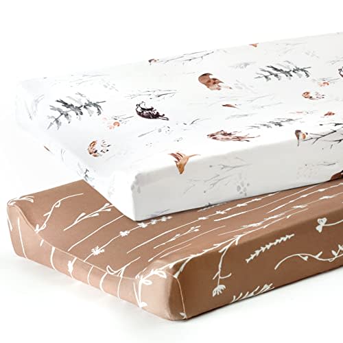 GRSSDER Stretch Ultra Soft Jersey Knit Changing Pad Cover Set 2 Pack, Change Table Pad Covers Fit 32"/34" x 16" Pads Safe and Snug, Pretty Pattern for Boys and Girls, Jungle Animals