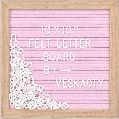 Felt Letter Board with 294 Letters, Numbers & Symbols - 10 x 10 inch Changeable Message Board with Wooden Frame Wall Mount Hook, Pink & Wood
