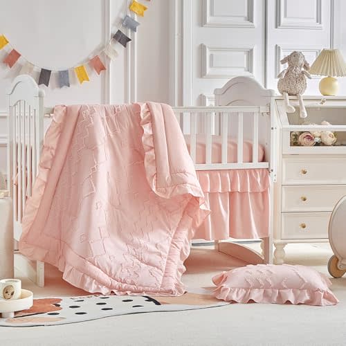 AIKASY The Ruffled Shabby Crib Bedding Set for Girls, Baby Quilted Comforter with Fitted Sheet, Bed Skirt, and Pillowcase(Coral Pink)