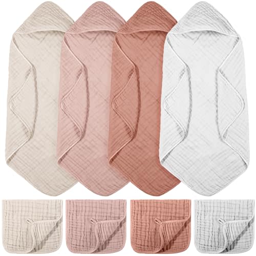 VitalCozy 8 Pcs Baby Muslin Hooded Bath Towels and Washcloths, 32 x 32 Inch Muslin Cotton Hooded Baby Towels Absorbent Hooded Blankets for Gift Newborn Infant Shower (Pink,White)
