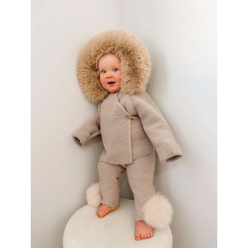 Beautiful Beige Knitted Cardigan with Synthetic fur trim.