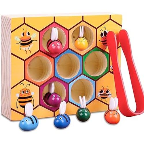 Toddler Fine Motor Skill Toy, Bee to Hive Matching Game, Montessori Wooden Color Sorting Matching Toy, Preschool Educational Learning Toys Gift for Toddler 2 3 Years Old