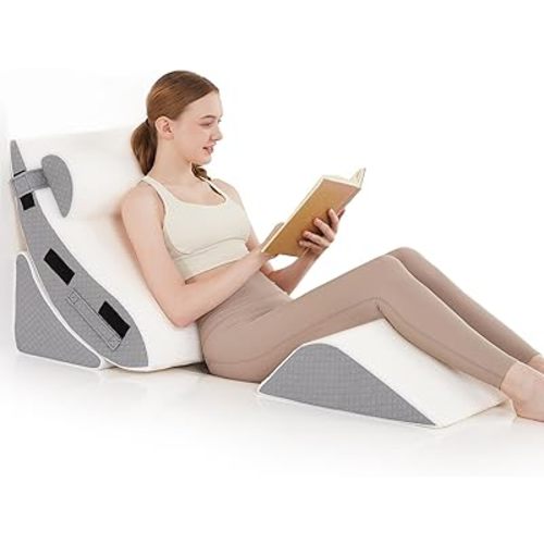 Orthopedic Bed Wedge Pillow Set for Sleeping 4 PCS - Adjustable Triangle Pillow for Neck Leg Support with Washable Cover - 35D Foam Wedge Pillow Post Surgery for GERD & Snoring (White Grey)
