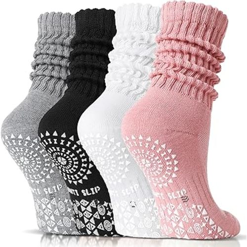 Sandsuced Pilates Slouch Socks with Grips Non Slip Yoga Socks Winter Warm Cozy Scrunch Boot Crew Slipper 4 Pairs for Women
