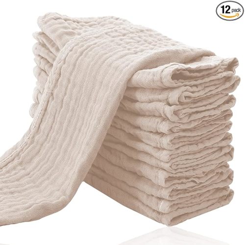 Cute Castle 12 Pack Muslin Burp Cloths for Baby - Ultra-Soft 100% Cotton Baby Washcloths - Large 20'' by 10'' Super Absorbent Milk Spit Up Rags - Burpy Cloths for Unisex, Boy, Girl - Brown