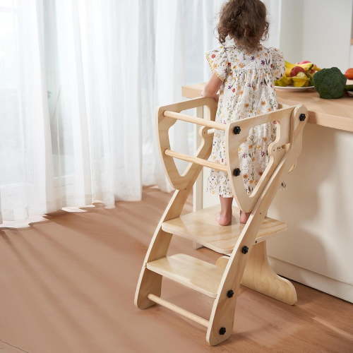 Solid Wood Toddler Standing Tower, Adjustable Height Kids Step Stool with Safety Guardrails, Convertible Table and Chair Set for Kitchen and Bathroom