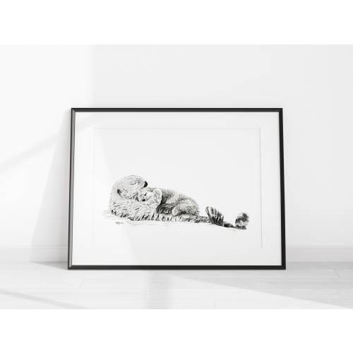 Mother Otter with her Cub - Print