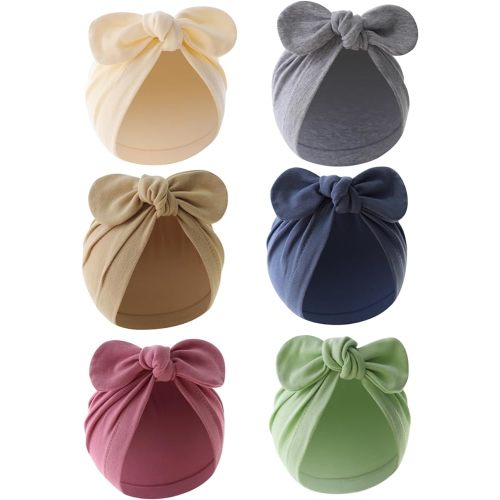 ZURLEFY 6 PCS Stretchy Baby Turban Hats, Baby Hat with Bows for Girls, Baby Boys Caps, Toddler, Newborn, Infant Hat Unisex