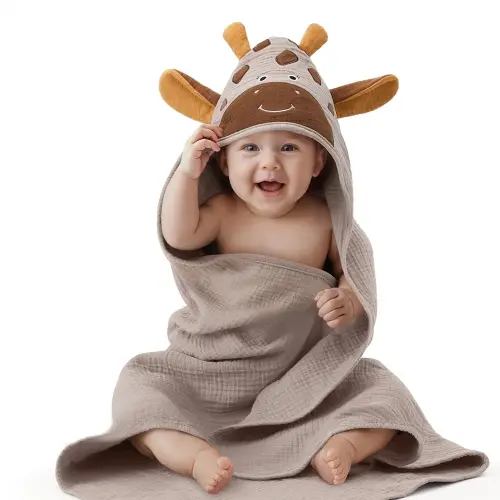 Blissful Diary Muslin Baby Hooded Towel, Soft and Absorbent Bath Towel for Newborn, Infant, Toddler, Unisex, 32″x32″ - Gentle Giraffe