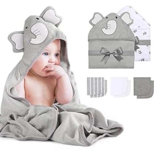 Momcozy Baby Hooded Towel, 8-Piece Bath for Boys or Girls, Washcloth Set with Cute Design, Shower Towel Gift for Newborns, Infants and Toddlers