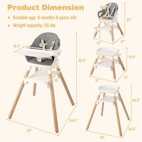 BABY JOY Baby High Chair, 6 in 1 Convertible Wooden High Chair for Babies & Toddlers with Adjustable Legs, Double Removable Tray, Safety Harness & Waterproof PU Cushion (Gray)