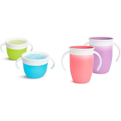 Munchkin® Snack™ Catcher Toddler Snack Cups, 2 Pack, Blue/Green & Miracle® 360 Trainer Sippy Cup with Handles, Spill Proof, 7 Ounce, 2 Pack, Pink/Purple