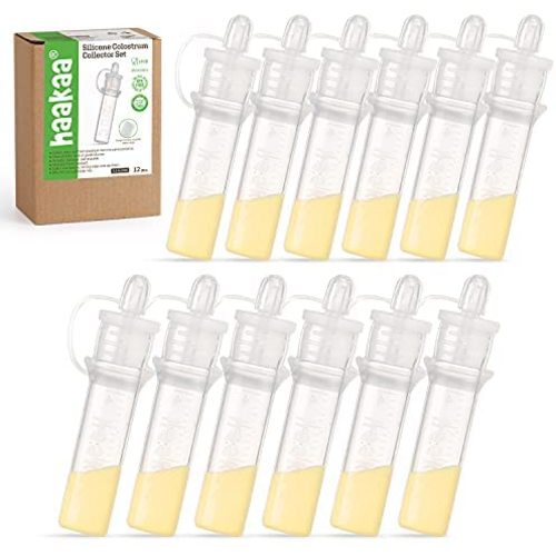 Haakaa Colostrum Collector Set Reusable Silicone Colostrum Collector for Breastfeeding to Collect, Feed & Store, with 2 Clear Storage Cases & 2 White Cotton Wipe (0.1oz/4ml, 12 PK)