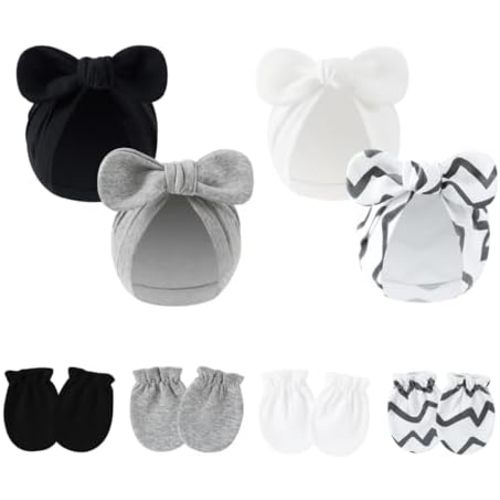 LIDHAY 4PCS Newborn Baby Hospital Hats Beanie Bow Infant Caps Cotton Preemie Hats No Scratch Mittens Set for 0-1 Years Old