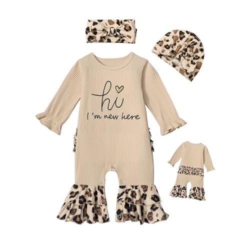 AGAPENG Newborn Girl Clothes Ruffle Letter Print Romper Infant Bell Bottom Jumpsuit Boho Baby Girl Clothes with Headband Hat