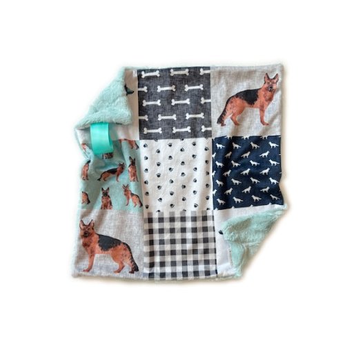 German Shepherd Lovey Blanket, Minky Lovey for Babies, Dog Lovie Security Blanket- sea glass back