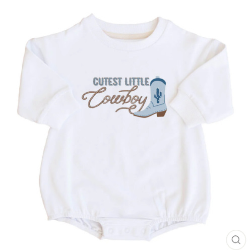 Cutest Little Cowboy Graphic Sweatshirt Bubble Romper | White
