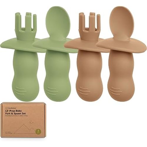 KeaBabies 4-Pack Silicone Baby Spoons and Forks Set - Baby Spoon Self Feeding, BLW Baby Utensils 6-12 Months, Baby Led Weaning Feeding Spoon,Teething Infant Baby First Food Training Pre Spoon (Desert)