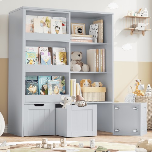 Homfa 6 Cube Toy Storage Organizer with Sliding Rack, Kids Bookcase and Bookshelf with 3 Drawers, Gray