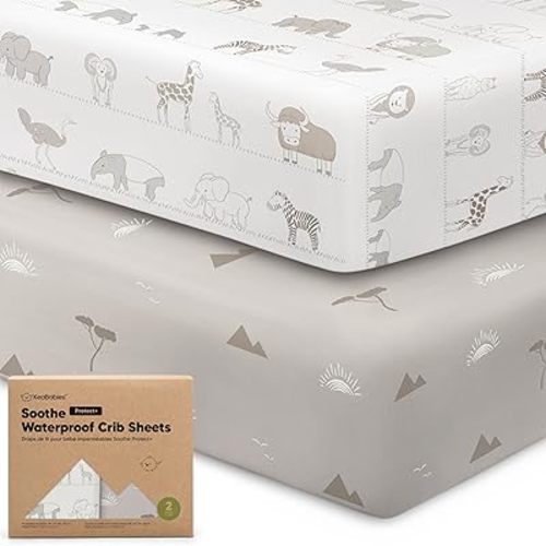 2-Pack Waterproof Crib Sheets for Boys, Girls - 52x28 Fitted Organic Cotton Baby Crib Sheets, Toddler Mattress Protector Cover, Washable, Soft & Durable Baby Bedding Essentials (Foxtrot)