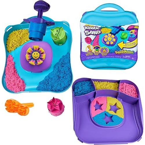 Kinetic Sand, SquishMotion with 1lb Pink, Yellow & Blue Play Sand, Stamper & 5 Tools, Storage Case, Sensory Toys for Kids Ages 5 and up