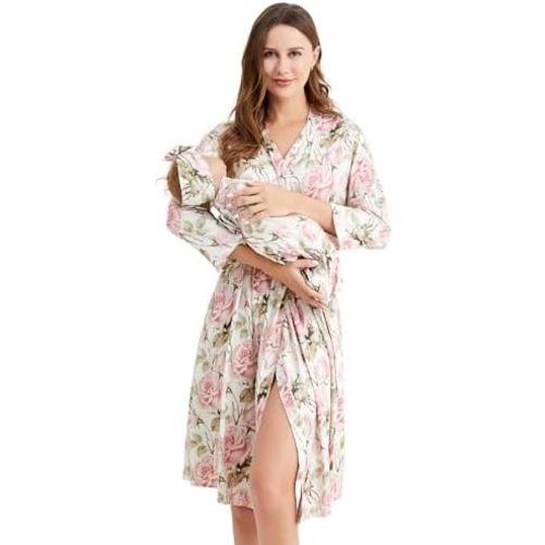 Galabloomer Maternity Robe and Baby Receiving Blanket, Matching Mommy Labor Delivery Robe and Swaddle Set
