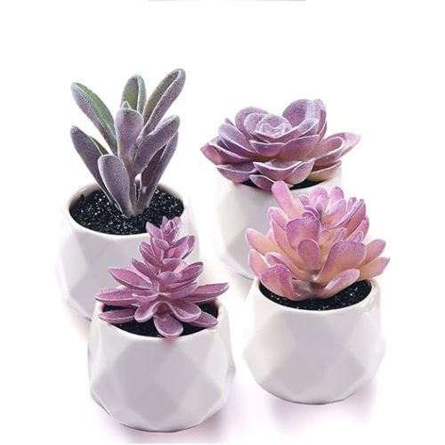 CADNLY Fake Succulent Plant Set - Artificial Desk Plants for Women Desk - Realistic Faux Succulents in Ceramic Pots - Mini Purple Decor for Bedroom Bathroom Office Shelf 4 Pack