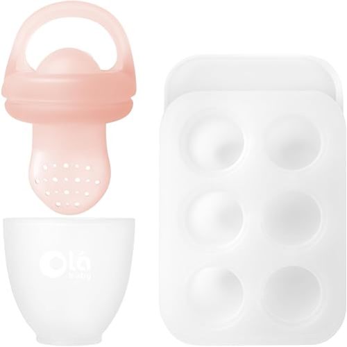 Olababy Silicone Food Feeder & Popsicle Set for Solid Food Introduction | Cooling Relief BPA Free Freezer Tray Combo for Fruit, Frozen Breastmilk, Puree, Smoothies for Infants, Babies