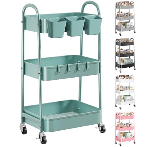 3 Tier Green Metal Rolling Cart with Lockable Wheels and Handle, 3 Tiered Utility Storage Organizer Carts for Teachers, Arts, Craft, Snack, Book, Bedside, Nursery, Cleaning Supplies, Easy Assembly