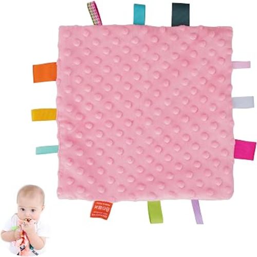 Baby Security Blanket with Colorful Tags Soft Plush Blanket, Soothing Sensory Pink Appease Blankets Infant Tag Toy(10 x 10 inches)