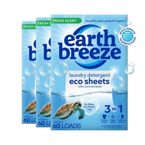 Earth Breeze Laundry Detergent Sheets Fresh Scent - 180 Loads Eco Liquidless Soap - Gentle on Skin, 90 Ct (3 Pack)