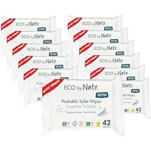 Eco by Naty Flushable Baby Wipes - Compostable and Plant-Based Wipes, Chemical-Free and Hypoallergenic Baby Wipes Safe for Baby Sensitive Skin, 42 Wipes Per Pack (12 Pk)