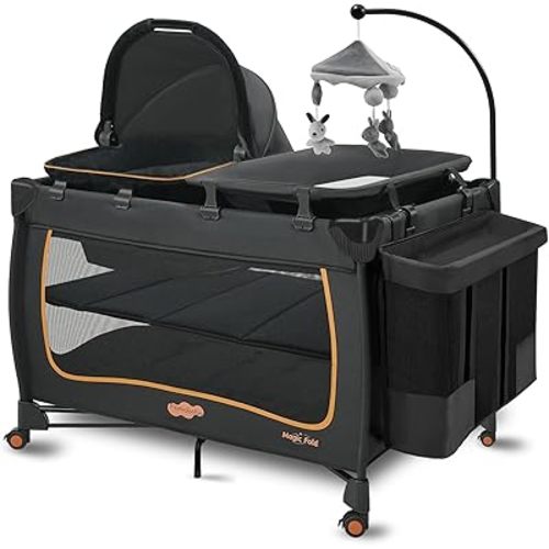 Pamo Babe 6 in 1 Baby Pack and Play with Bassinet - One-Step Setup Travel Crib, Small Portable Playpen for Babies, Portable Baby Bassinet, Changing Table, Toys Bar & Extra Large Storage Bag