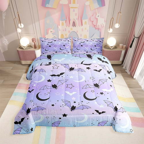 Erosebridal Halloween Comforter Rainbow Comforter Set ren Bat Moon Star Print Bedding Set Halloween Theme Purple Gradient Style Room Decor Duvet Set