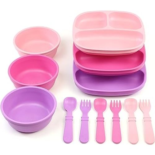 Re-Play Made in USA - 3 Meals a Day Set - 3 Divided Plates, 3 Sets of Utensils - BPA Free, Made from Environmentally Friendly Recycled Milk Jugs - Princess with 3 Wide Base Bowls